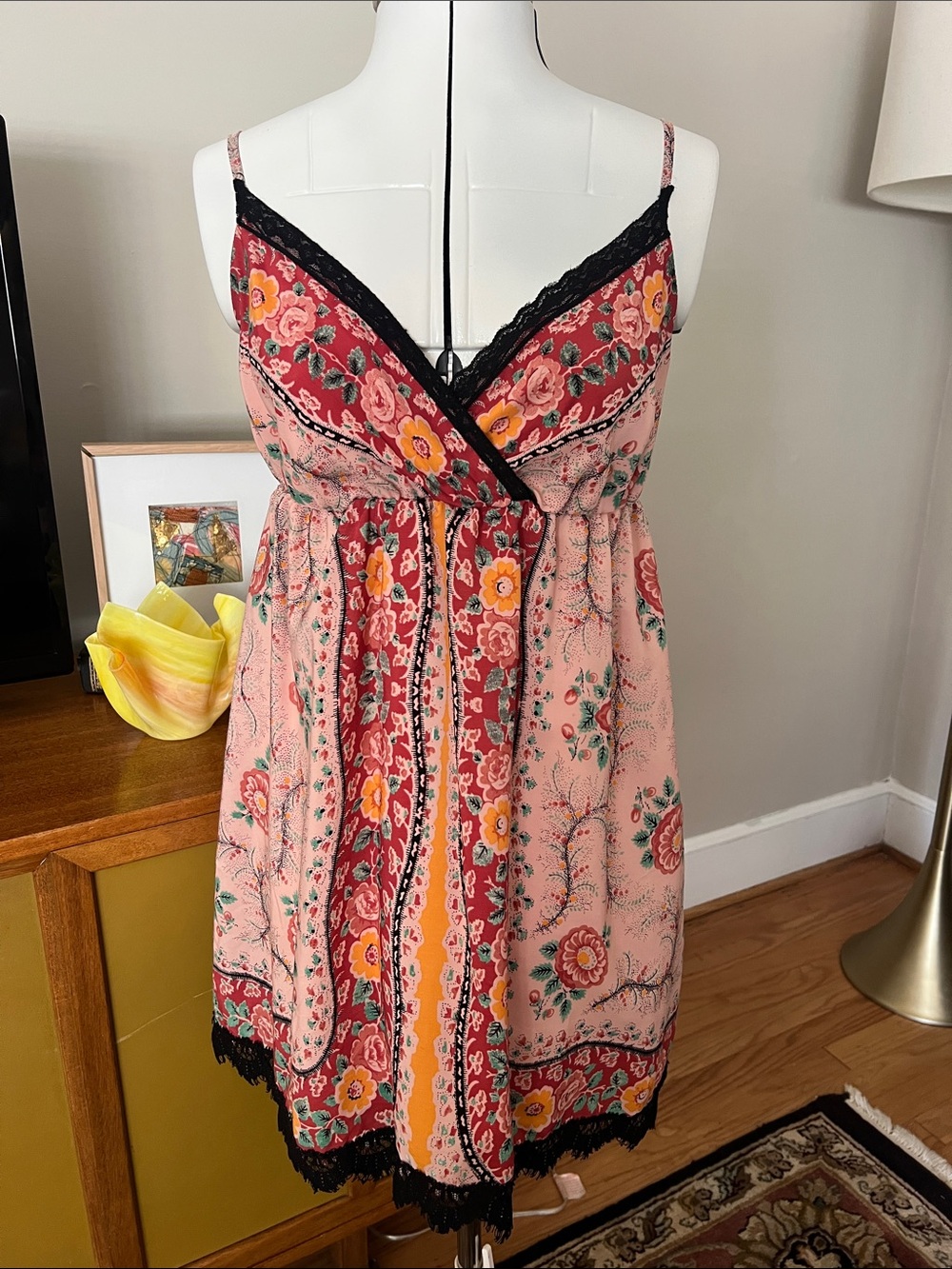 Pink & Red Floral Lace-Trim Mini Dress